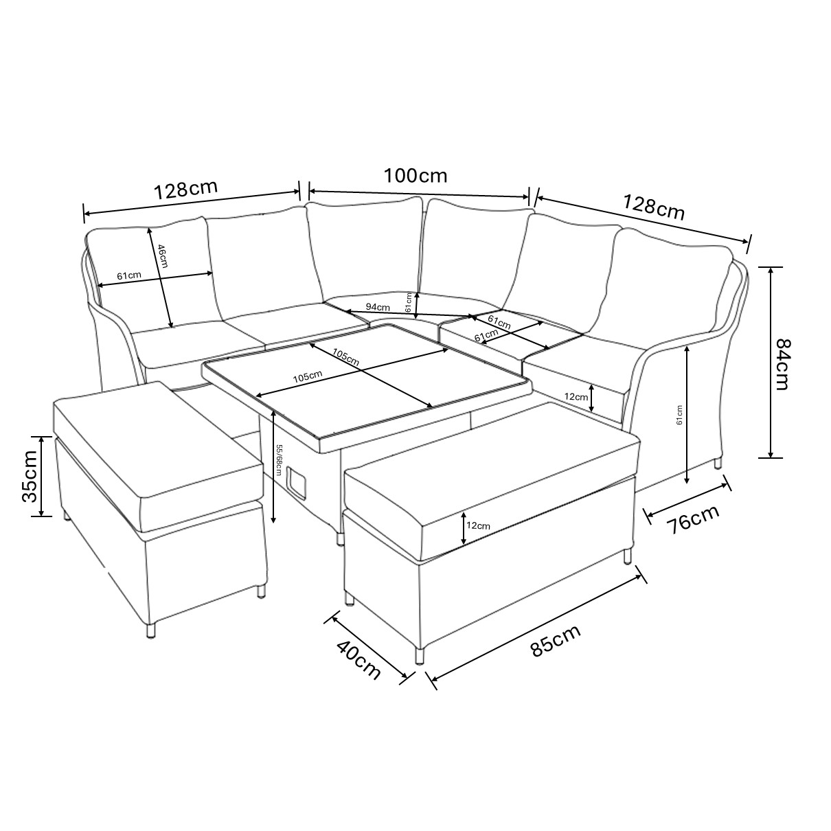 Eton Grand Square Casual Dining Set dimensions